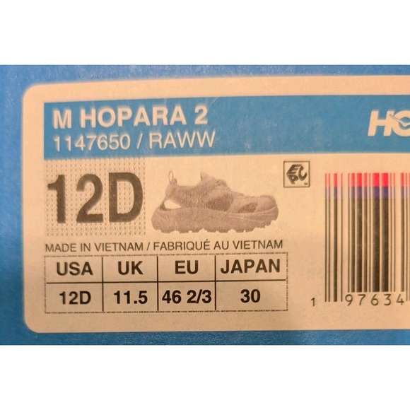 Hoka One One Hopara 2 Men Sandals White RAWW 1147650 Size 12 - Picture 5 of 5